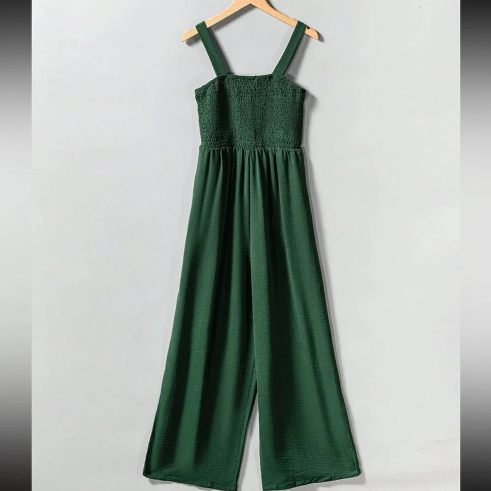 Boho Smocked Cami Top Wide Leg Pants Jumpsuit Green - Picture 4 of 11